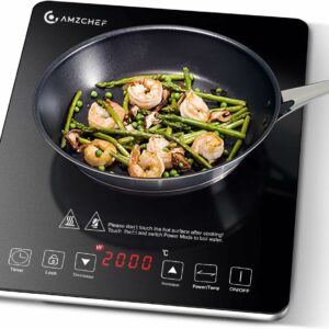 AMZCHEF induction hob with ultra-slim design, 10 temperature levels and 10 power settings, 2000 W induction plate with 3 hour timer, safety lock