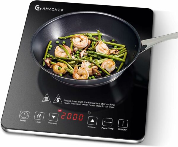 AMZCHEF induction hob with ultra-slim design, 10 temperature levels and 10 power settings, 2000 W induction plate with 3 hour timer, safety lock