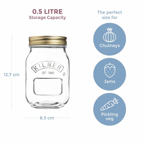 Kilner Preserve Jar 0.5L (500ml) Round Glass Screw Top Lid Preservation Storage Jar for Jams Chutneys Small Pickled Fruits