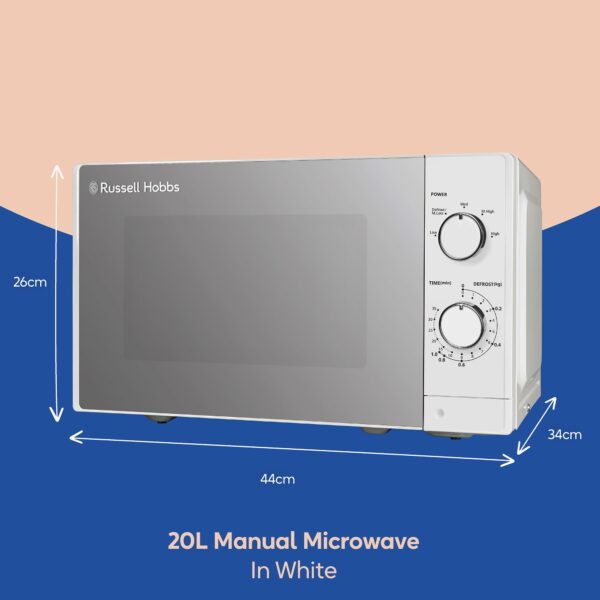 Russell Hobbs 20 Litre 800W White Solo Manual Microwave, 5 Power Levels, Integrated Timer and Defrost Function, Easy Clean RHM2027