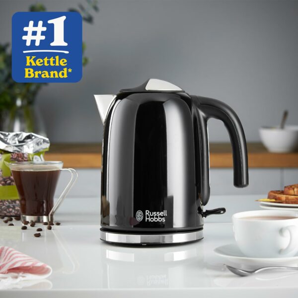 Russell Hobbs Black Stainless Steel 1.7L Cordless Electric Kettle with black handle (Fast Boil 3KW, Removable washable anti-scale filter, Pull to open hinged lid, Perfect pour spout) 20413