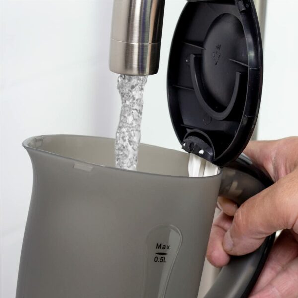 Quest Black Travel Kettle with 2 Cups | Portable & Lightweight | Dual Voltage for Worldwide Use | Safety Protection | Use in Caravans, Camp Sites and on Holiday