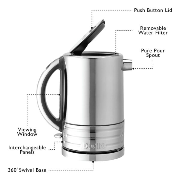 Dualit Architect Kettle | 1.5 Litre 2.3 KW Stainless Steel Kettle With Grey Trim | Rapid Boil and Patented Pure Pour Non-Drip Spout | Measuring Window with Cup Level Indicators