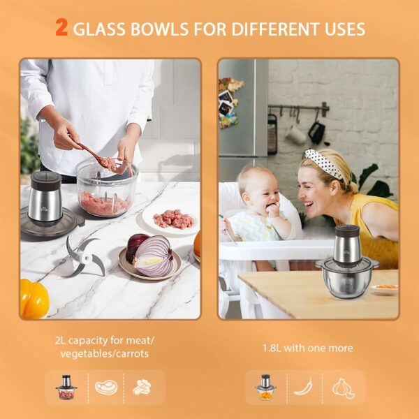 Bear 2L+1.8L 600W Electric Food Processors & Chopper with Glass Container and 304 Stainless Steel Container, 2 Speed Settings, 4 Stainless Steel Blades for Chopping Meat, Baby Food, Fruit, Vegetable