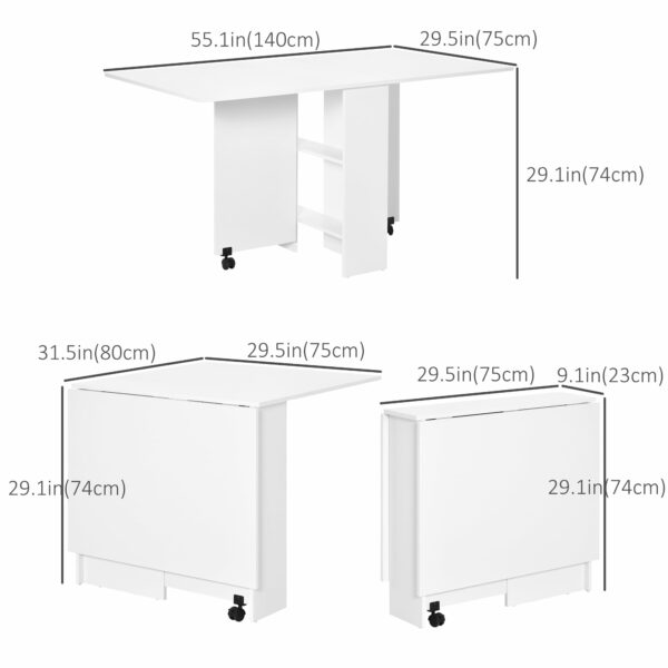 Homcom Folding Dining Table, Drop Leaf Table with 2-Tier Shelves, Rolling Casters, for Small Spaces, Kitchen, White