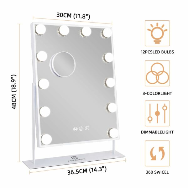 FENCHILIN Hollywood Vanity Mirror with Lights Hollywood Makeup Mirror with 12 LED Bulbs Lighted Vanity Mirror 360 Rotation Smart Touch Control Light Up Makeup Mirror 10x Magnifier