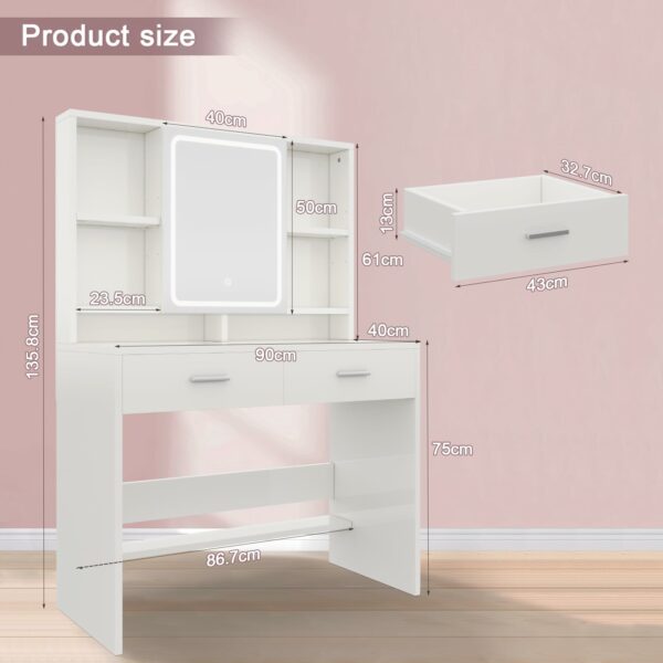 Devoko Dressing Table with LED Lights, 3 Light Colours, Adjustable Brightness,Vanity Desk with 2 Drawers, Jewellery Storage and Open shelves, Makeup Desk with Mirror, 90×40cm (White)