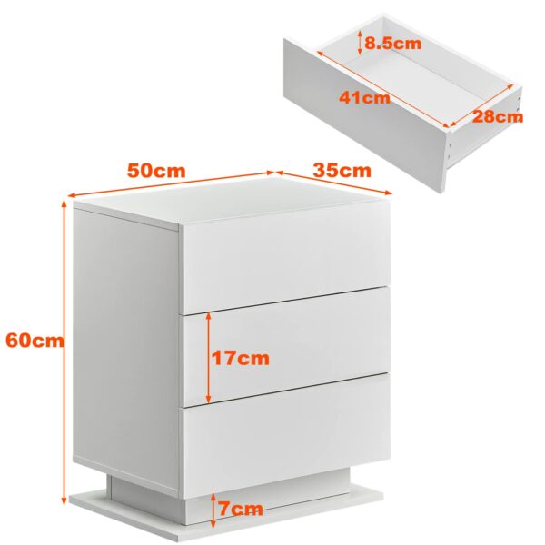 Tukailai Set of 2 Bedside Table with LED Light, 3 Drawers Bedside Cabinet White High Gloss Front Nightstand Cabinet for Bedroom Living Room