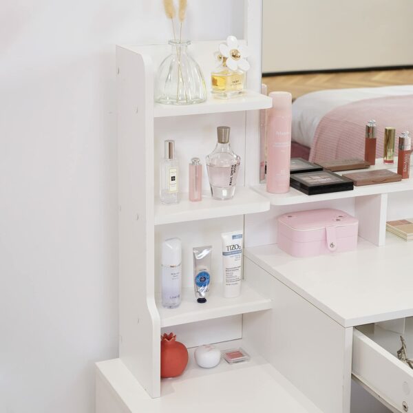 Tukailai Dressing Table with LED Lights Mirror and Stool, Corner Vanity Makeup Desk Set with 4 Drawers and 3 Storage Shelves
