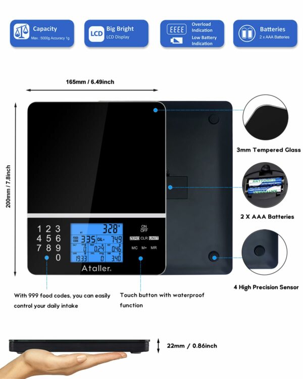 Ataller Food Scale with Nutritional Calculator, Kitchen Diet Scale, Digital Food Calorie Counting Scale for Meal Prep, Kitchen, Baking, Weight Loss, Resolution 1g, Max 5kg 11Ib, Tempered Glass, Black