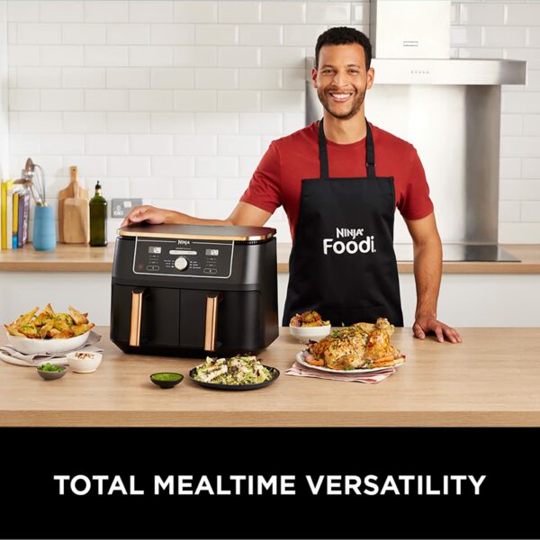 Ninja Foodi MAX Dual Zone Air Fryer, Amazon Exclusive, Tongs, 2 Drawers, 9.5L, 6-in-1, Use No Oil, Air Fry, Max Crisp, Roast, Bake, 8 Portions, Nonstick Dishwasher Safe Baskets, Copper/Black AF400UKCP