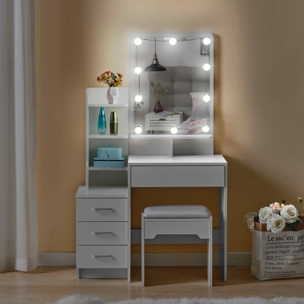 Tukailai Dressing Table with LED Lights Mirror and Stool, Corner Vanity Makeup Desk Set with 4 Drawers and 3 Storage Shelves