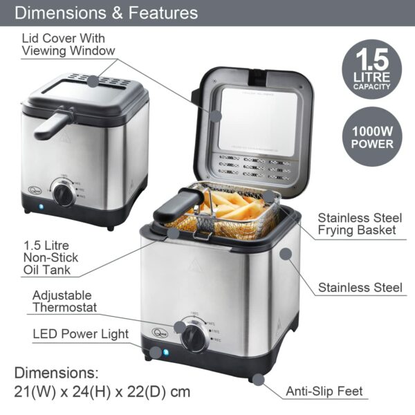 Quest 34250 1.5 Litre Stainless Steel Deep Fat Fryer / 130-190°C Adjustable Temperature/Lid Cover & Viewing Window/Easy Clean with Removable Basket / 900W / Ideal For Fried Chicken, Chips & More