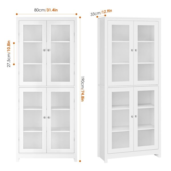FOREHILL 190cm Display Cabinet with 4 Glass Doors Tall Bookcase Kitchen Cupboard Sideboard Storage Cabinet Living Room White
