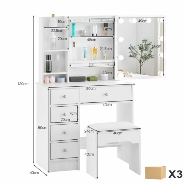 Tukailai Dressing Table with Hollywood LED Lights, Vanity Table with Mirror and Stool