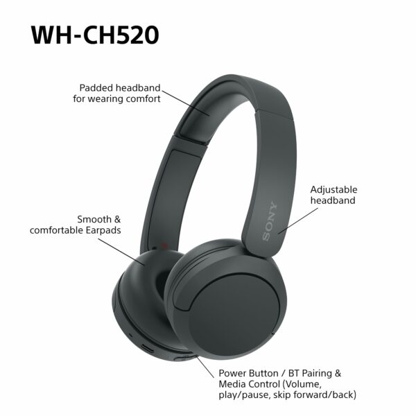 Sony WH-CH520 Wireless Bluetooth On-Ear Headphones, High Quality Sound, Lightweight Design, Up to 50hr Battery Life, Quick Charge, EQ, Clear Call Quality, iOS & Android - Black
