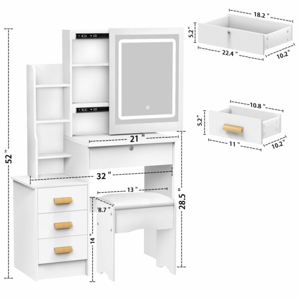 Dressing Table with LED Lights and Adjustable Brightness, Vanity Desk with Mirror, 4 Drawers, 6 Hidden Shelves, and Stool, Makeup Desk for Bedroom, Modern Makeup Table with Mirror and Chair (White)
