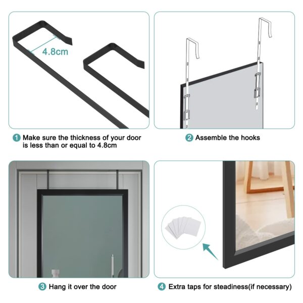 Dripex Over Door Mirror Full Length, 110 x 45cm Wall Mounted Mirror Door Hung Mirror for Bathroom/Bedroom/Wardrobe - Toughened Glass, Black