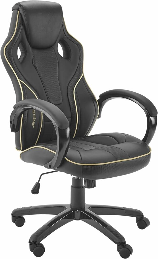 X-Rocker Maverick Gaming Racing Desk Chair, Adjustable Computer Office Chair with Mid-Back Support, PU Leather Height Adjustable Swivel Base with Natural Lumbar Support Curve - BLACK/GOLD