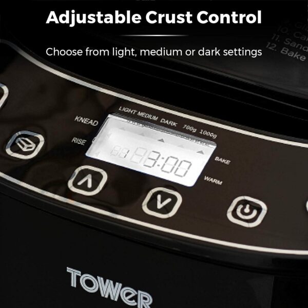 Tower T11003 2 lb Digital Bread Maker with 12 Automatic Programs, 13 Hours Delay Timer, 60 Minutes Keep Warm Function, Adjustable Crust Control, Non-Stick Bread Pan, 550 W, Black