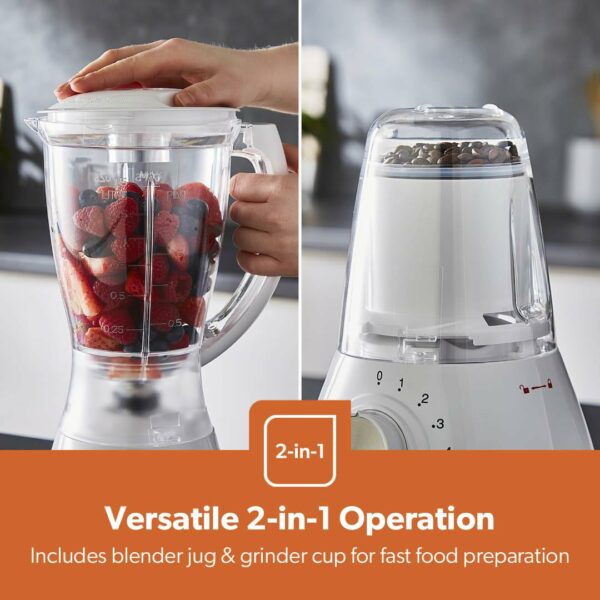 Geepas 550W 2 in 1 Food Jug Blender with 1.5L BPA Free Jar | 4 Sharp Stainless Steel Blades with 4 Speed Pulse Function | Ice Crusher, Mill, Coffee/Spice Grinder & Smoothie Maker - 2 Year Warranty