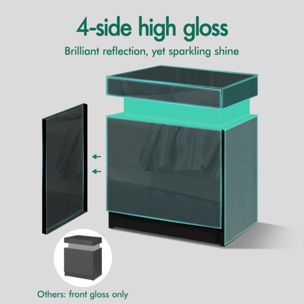 Elfordsen Led Bedside Table with 2 Drawers and 1 Top Drawer, Bedside Cabinet with 4-side High Gloss