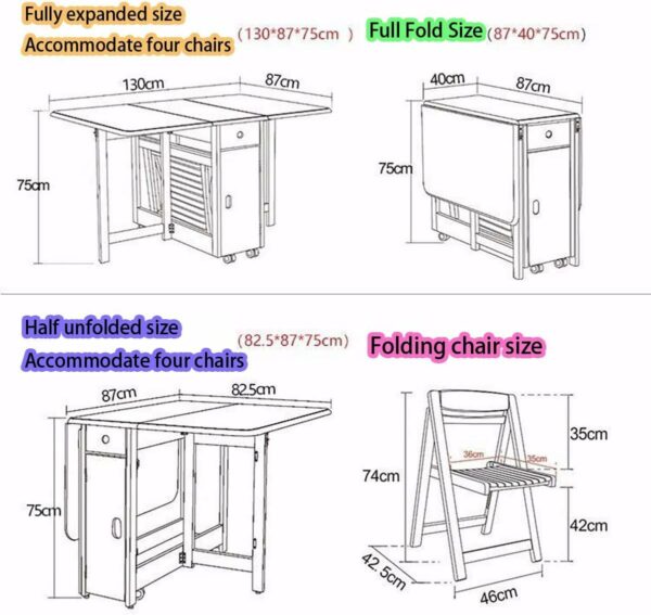 Folding Dining Table with Drawer - Mobile Butterfly Drop Leaf Table for Space Saving, Includes 4 Chair Storage - 1.4m Foldable Dining Table
