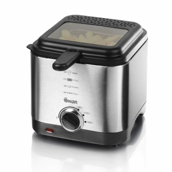 Swan SD6060N 1.5 litre Stainless Steel Fryer with Viewing Window, Non-Stick Coating for Easy Cleaning and Adjustable Thermostat with Indicator Light, Detachable Basket Handle, 900W, Silver