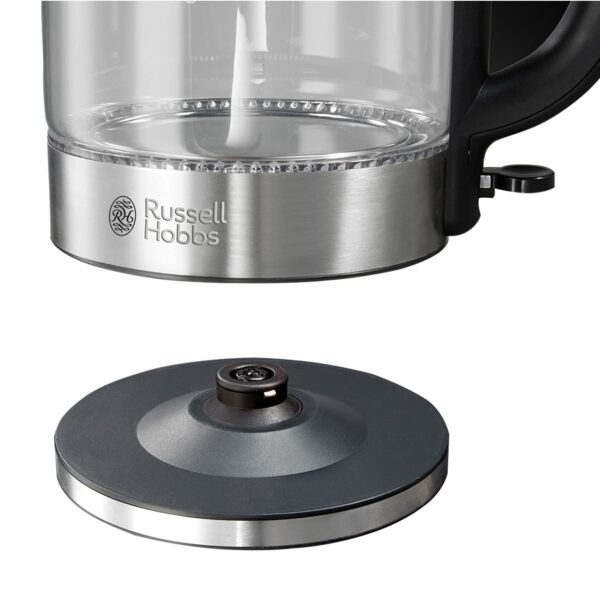 Russell Hobbs Illuminating 1.7L Electric Cordless Glass Kettle with black/brushed stainless steel accents (Fast Boil 3KW, Washable anti-scale filter, Button to open lid, Perfect pour spout) 21600-10