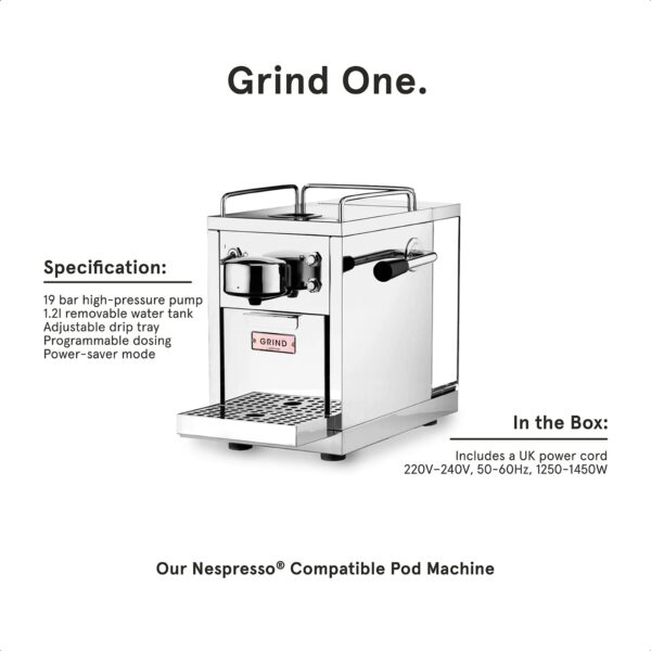 Grind One Coffee Pod Machine – Comptaible with Nespresso Original Capsules – Automatic for Espresso and Lungo/Americano – 1.2 Litres