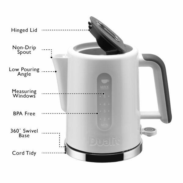 Dualit Studio 1.5L Jug Kettle in White With Polished Trim | 2.4KW Fast Boiling | Dual Measuring Windows | BPA Free | Patented Sure Pour Technology