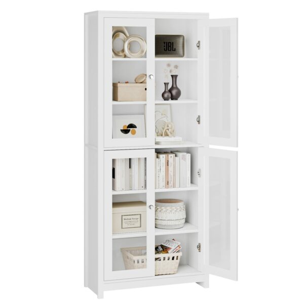 FOREHILL 190cm Display Cabinet with 4 Glass Doors Tall Bookcase Kitchen Cupboard Sideboard Storage Cabinet Living Room White