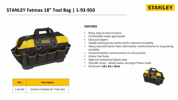Stanley Fatmax Technician Tool Bag, Heavy Duty 600 Denier and Leather, Multifunctional Tool Storage Organiser, 18 Inch, Black/Yellow, 1-93-950