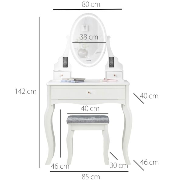 Carme White Dressing Table with Mirror Touch LED Lights 3 Drawers Bluetooth Speaker Stool Set