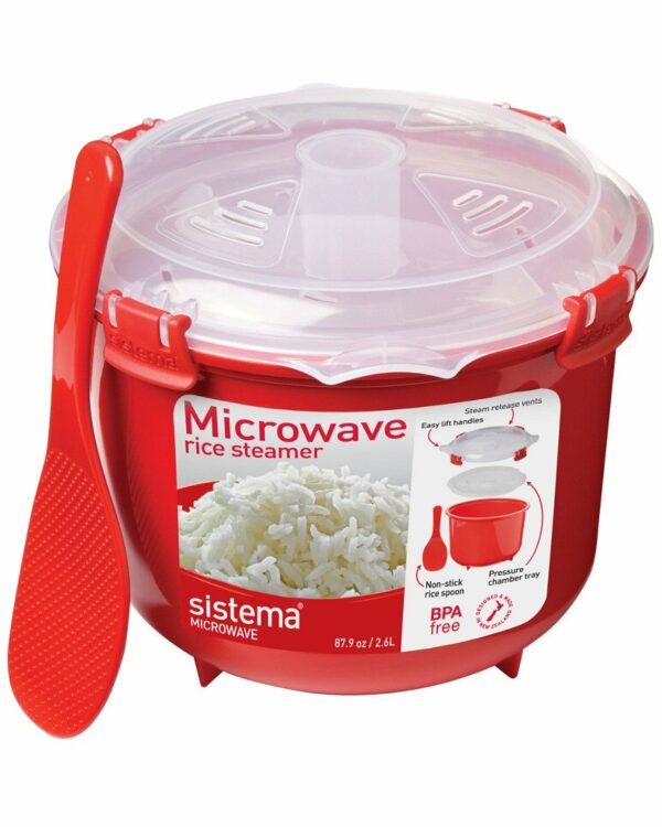 Sistema Microwave Rice Cooker | Perfect for Cooking Rice, Polenta & Couscous | Medium 2.6 L | BPA-Free Non-stick with Lid | Red/Clear