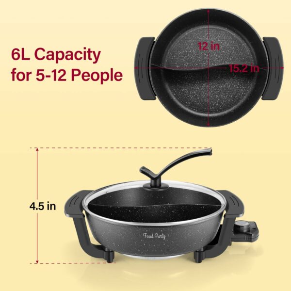 Food Party Hot Pot Hotpot Pot Electric with Divider Chinese Hot Pot Cooker 6-Quart Non-Stick Shabu Shabu Pot