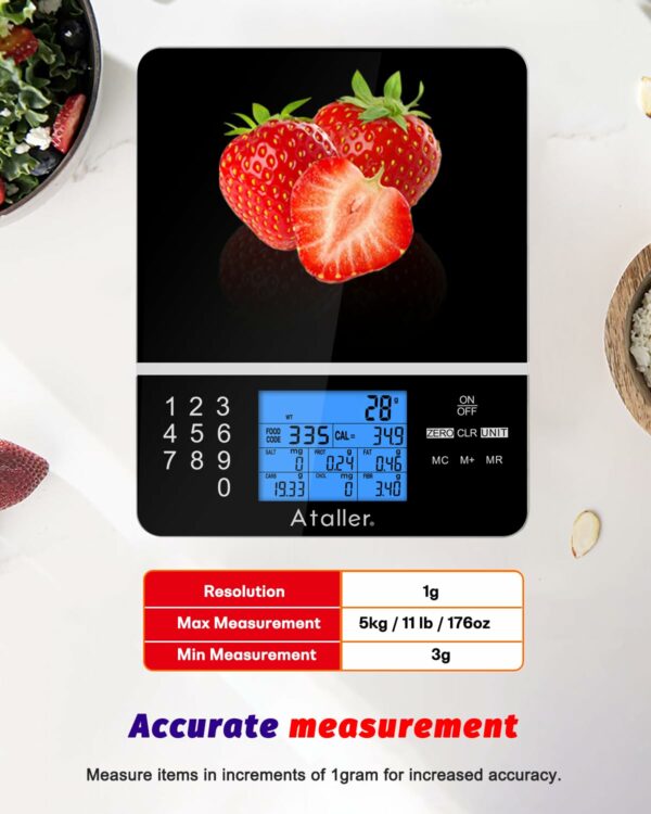Ataller Food Scale with Nutritional Calculator, Kitchen Diet Scale, Digital Food Calorie Counting Scale for Meal Prep, Kitchen, Baking, Weight Loss, Resolution 1g, Max 5kg 11Ib, Tempered Glass, Black
