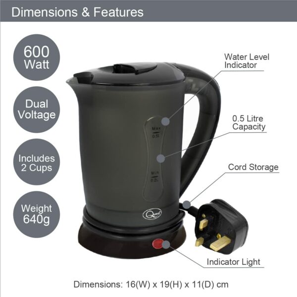 Quest Black Travel Kettle with 2 Cups | Portable & Lightweight | Dual Voltage for Worldwide Use | Safety Protection | Use in Caravans, Camp Sites and on Holiday