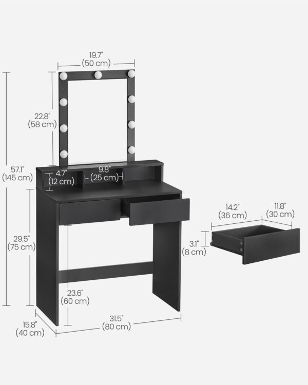 VASAGLE Dressing Table, LED Lights with Adjustable Brightness, Vanity Table with Mirror, 2 Drawers and 3 Compartments, Makeup Table, Modern, Simply Black RDT194B01