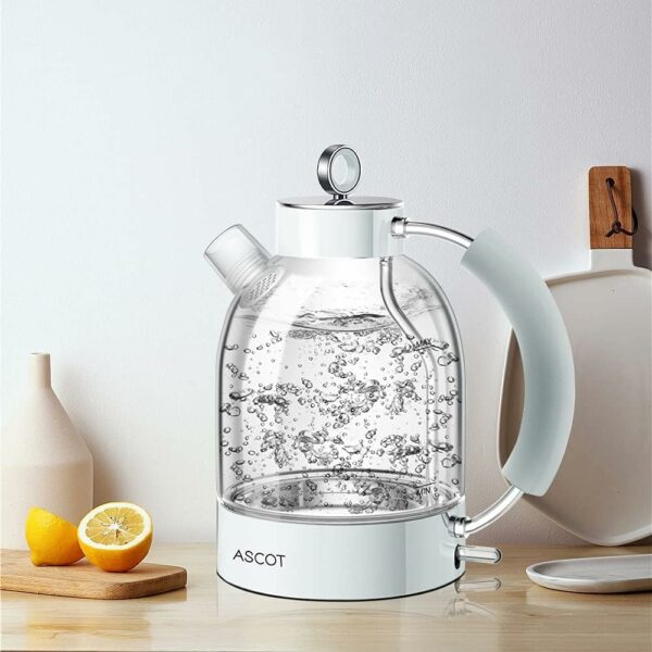 ASCOT Electric Kettle, Glass Electric Tea Kettle, Gift for Man/Women/Family, 1.5L Glass Tea Heater & Hot Water Boiler, BPA-Free, Auto Shut-Off and Boil-Dry Protection (White),(K1)