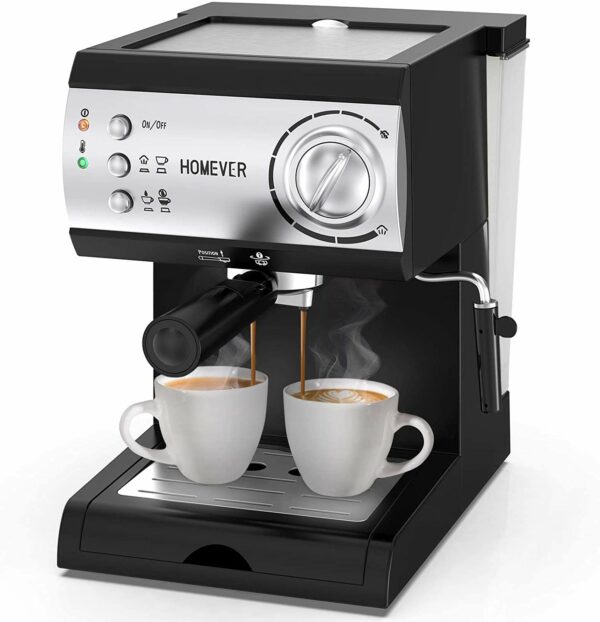 Homever Espresso coffee machine with milk steamer, Traditional 15 Bar High Power Coffee Maker Built in Italy Barista Pump, Ground Coffee Machines with 1.5L Water tank for Cappuccino, Latte, Macchiato