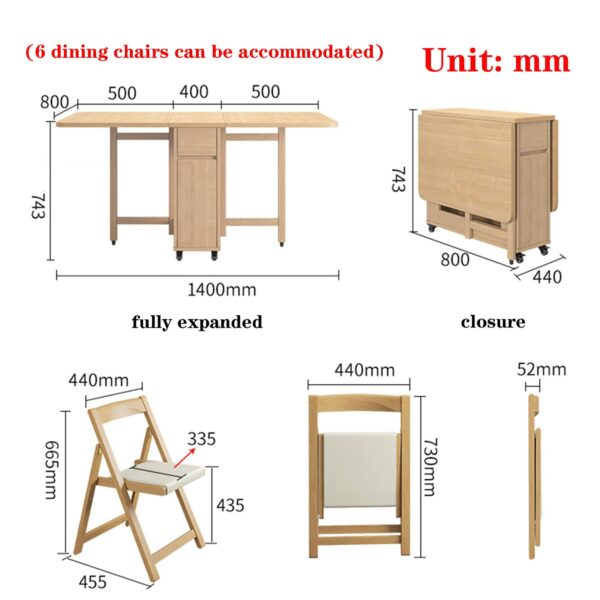 Folding Wooden Dining Table Set with 6 Chairs, Space-Saving Foldable Kitchen Table and Chair Set, Durable Wood for Dining Room or Kitchen,1.4m
