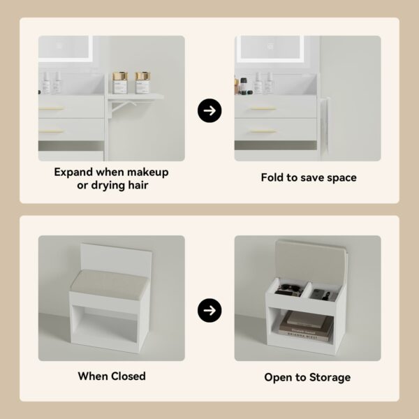 YOURLITE Dressing Table with Flip-top Mirror and LED Lights, Integrated Makeup Table for Small Spaces, Compact Small Vanity Desk Set with Fold-up Panel, Cushioned Storage Stool for Bedroom, White