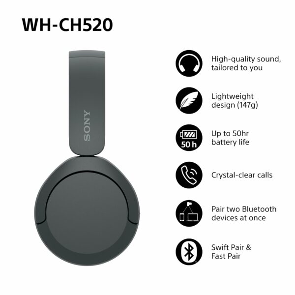 Sony WH-CH520 Wireless Bluetooth On-Ear Headphones, High Quality Sound, Lightweight Design, Up to 50hr Battery Life, Quick Charge, EQ, Clear Call Quality, iOS & Android - Black