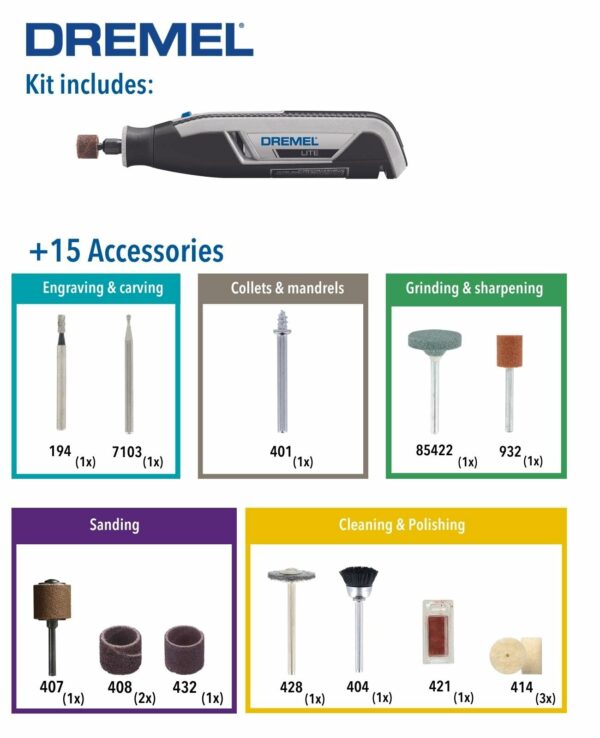 Dremel Lite 7760-15 Cordless Rotary Tool (3.6 Volt), Rotary Multi Tool Kit with 15 Accessories, 8,000-25,000 RPM for Carving, Engraving, Grinding, Sharpening, Cleaning, Polishing and Sanding