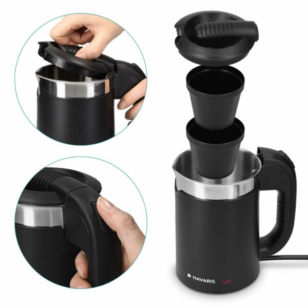 Navaris Travel Kettle Electric - 0.5 Litre - Small Kettle with Dual Walls and Boil Dry Protection - 1100W Holiday Kettles with 2 Cups