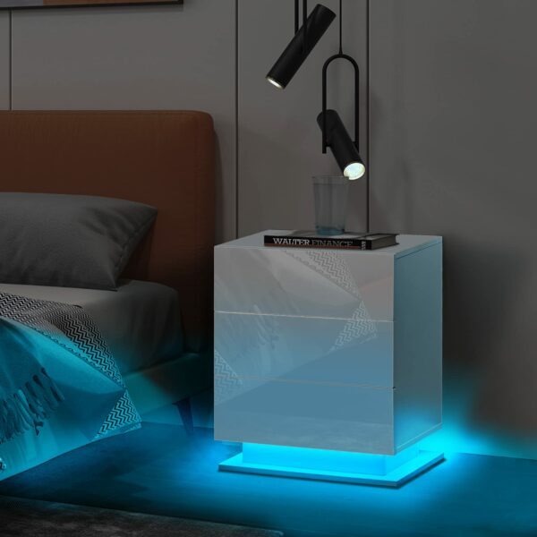 Tukailai Set of 2 Bedside Table with LED Light, 3 Drawers Bedside Cabinet White High Gloss Front Nightstand Cabinet for Bedroom Living Room