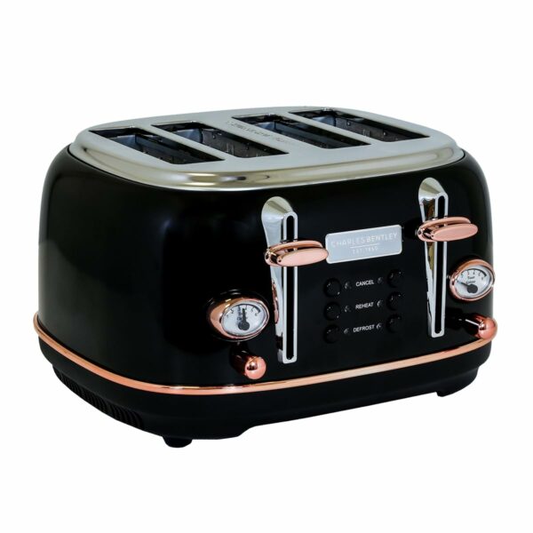 Charles Bentley 1.7L Kettle & 4 Slice Toaster Set Black & Rose Gold Fast Boil 360 Swivel Base 6 Setting Removable Water Filter