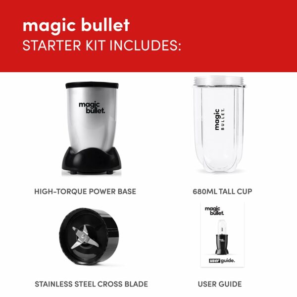 nutribullet magic bullet Starter Kit - All-in-one Food Processor & Blender - 10,000 RPM Speed - 4 Piece Kit with 1x High Torque Power Base, 1x Tall Cup & Flip Top Lid & 1x Cross Blade - For Meal Prep