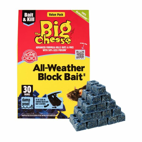 The Big Cheese All-Weather Block Bait - 10g x 30 Kills Mice and Rats Damp-Proof, Weather-Resistant, Blue Difenacoum